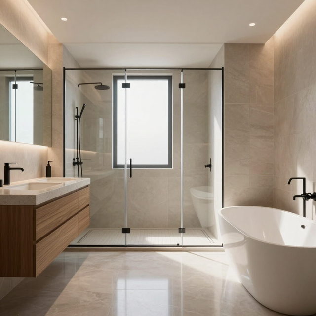 Modern beige bathroom with glass shower, wood vanity, and freestanding tub