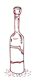 Un disegno di una bottiglia di vino rotta sul terreno.