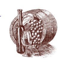 Un disegno di una bottiglia di vino, un bicchiere di vino, uva e una botte.