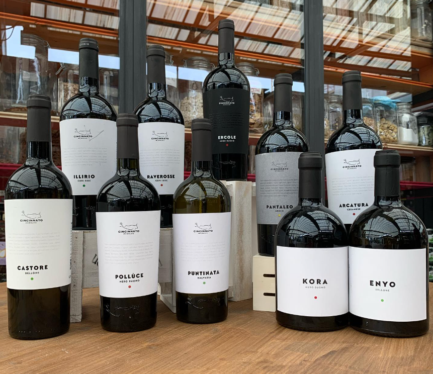 Diverse bottiglie di vino sono allineate su un tavolo di legno