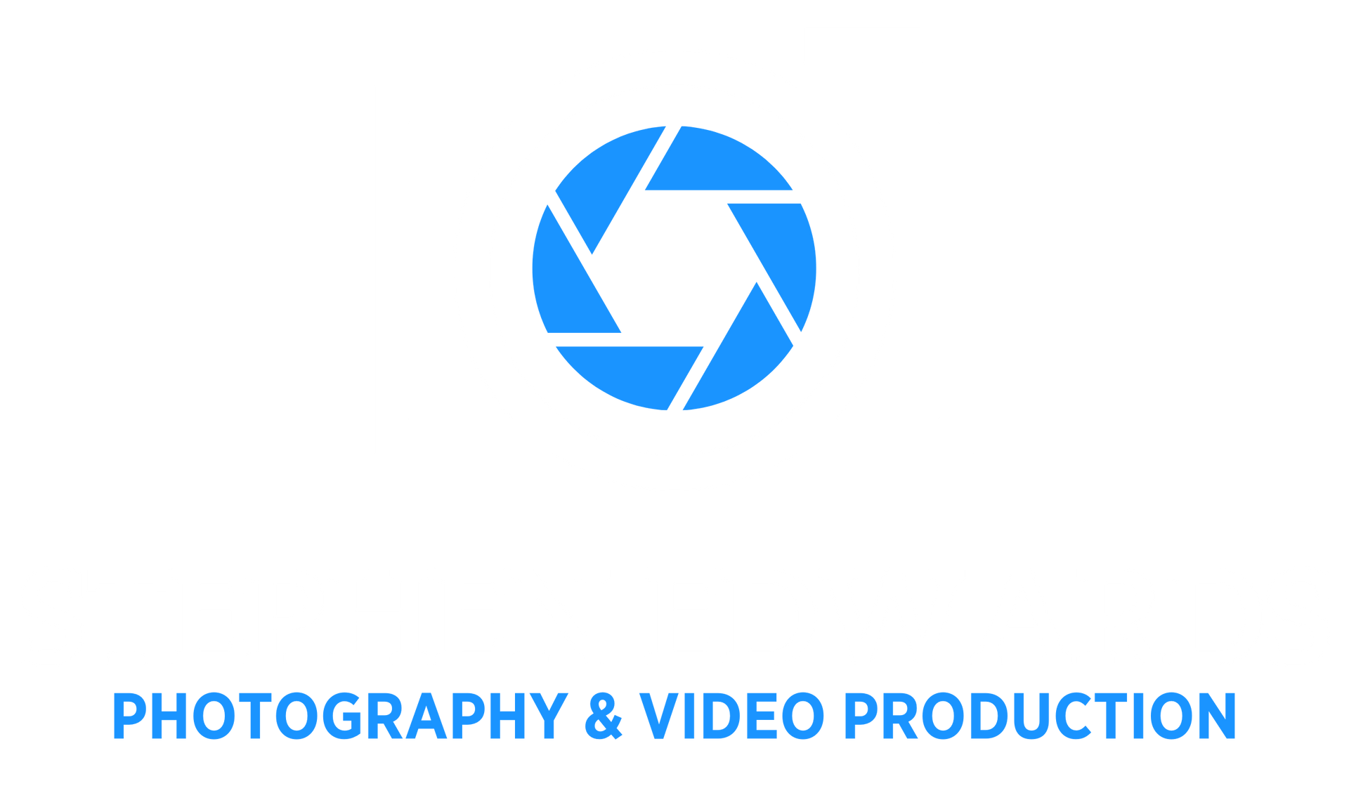 A logo for photography and video production with a blue shutter on a white background.