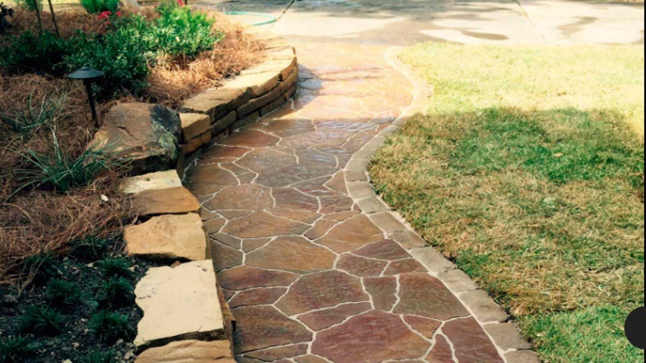 Beautiful pathway of irregular red stones