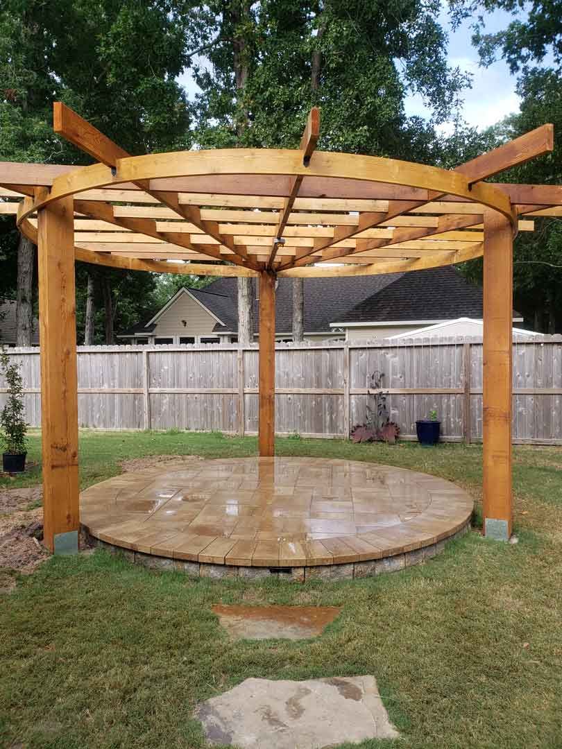 Timber light wood pergola with a circle design