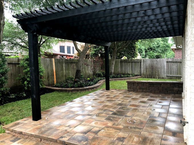 Nice timber pergola on brick paver courtyard