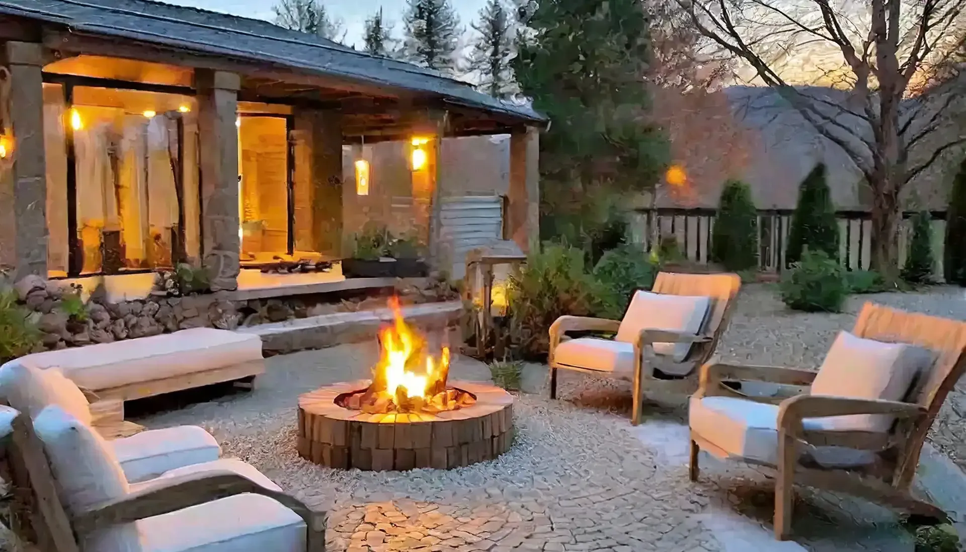 A fire pit in winter surrounded by chairs and a couch in front of a house