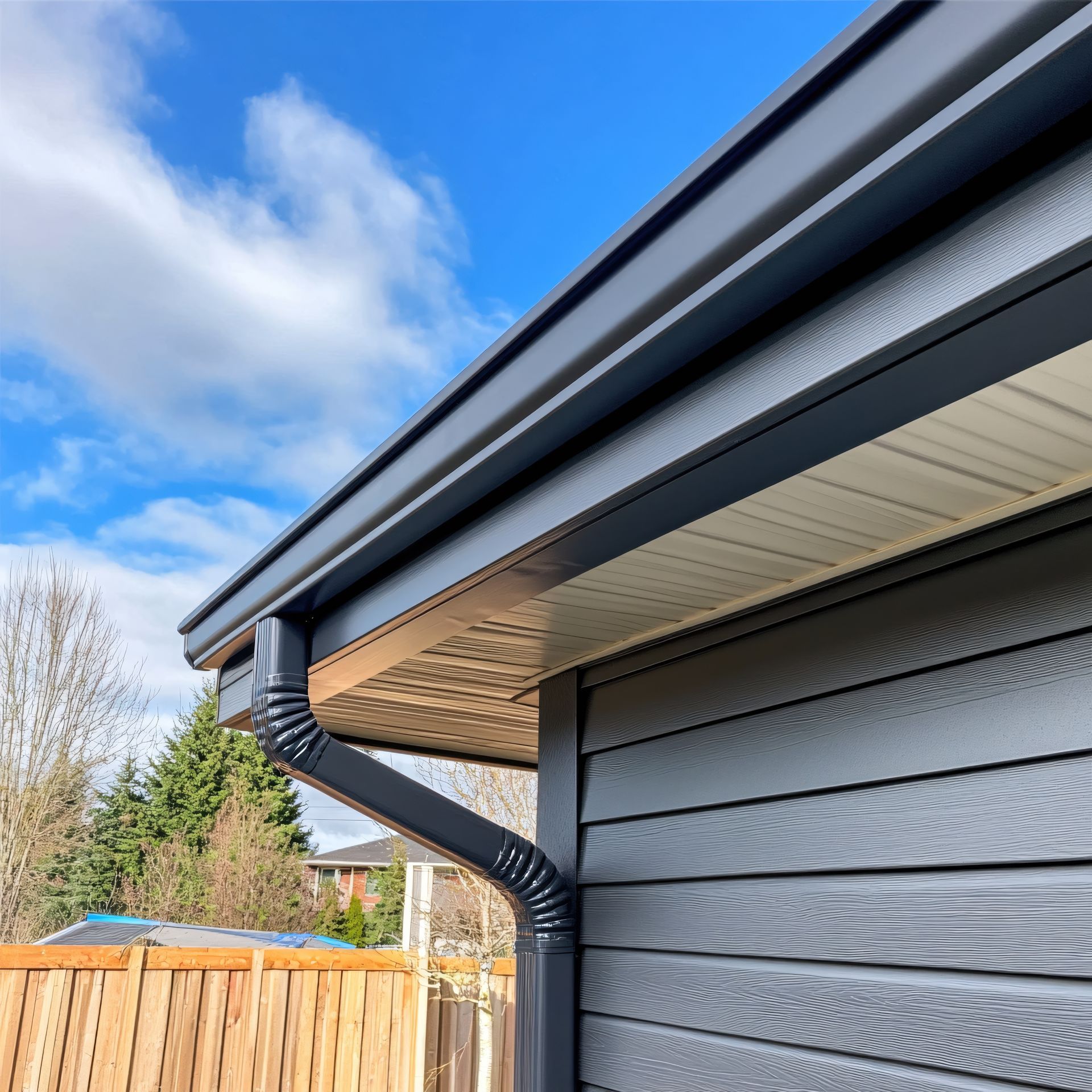 House roof eave with black gutters and downspout against blue sky, viewed beside a wooden fence