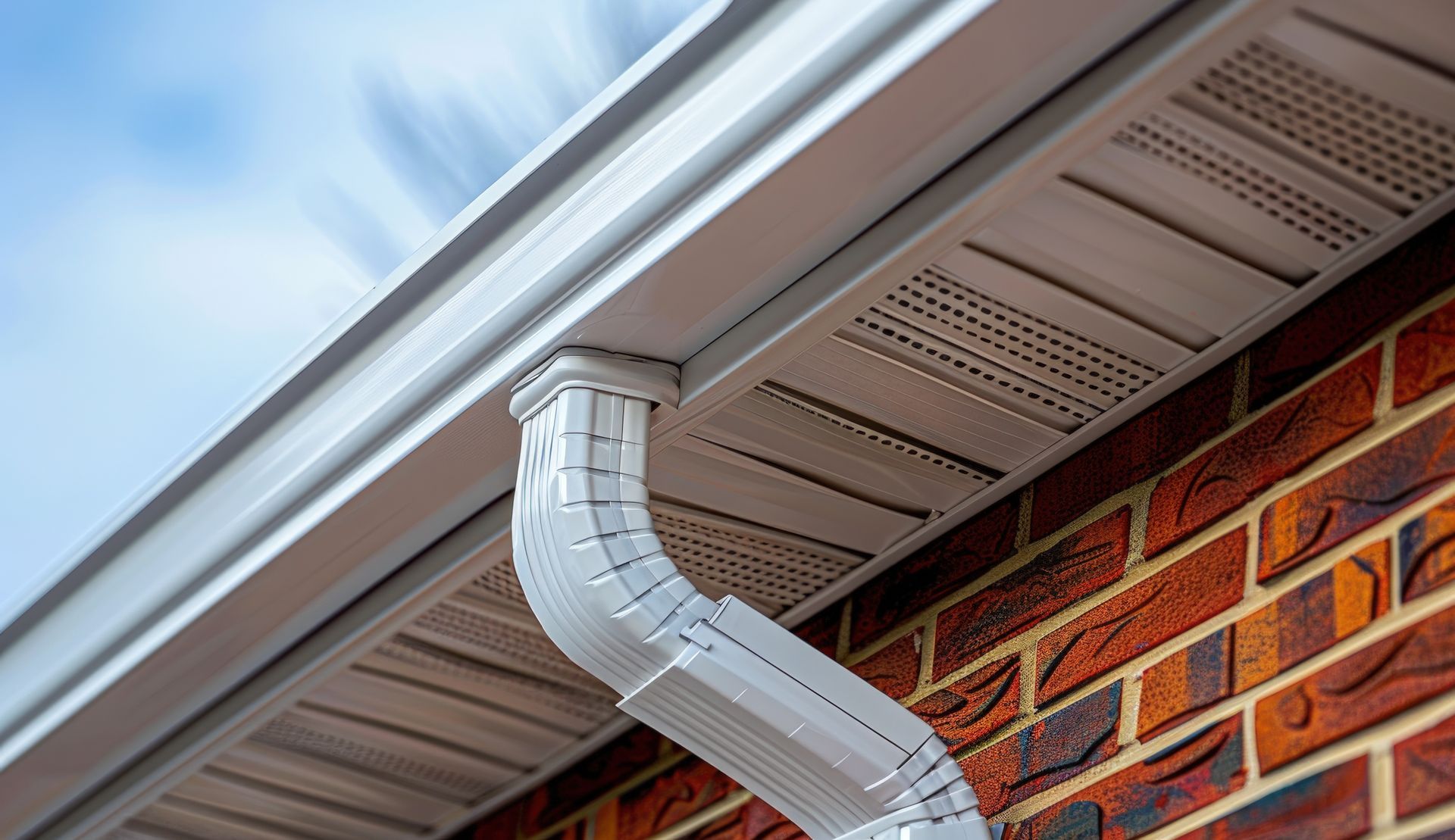 White downspout attached to a brick house roof gutter under a blue sky