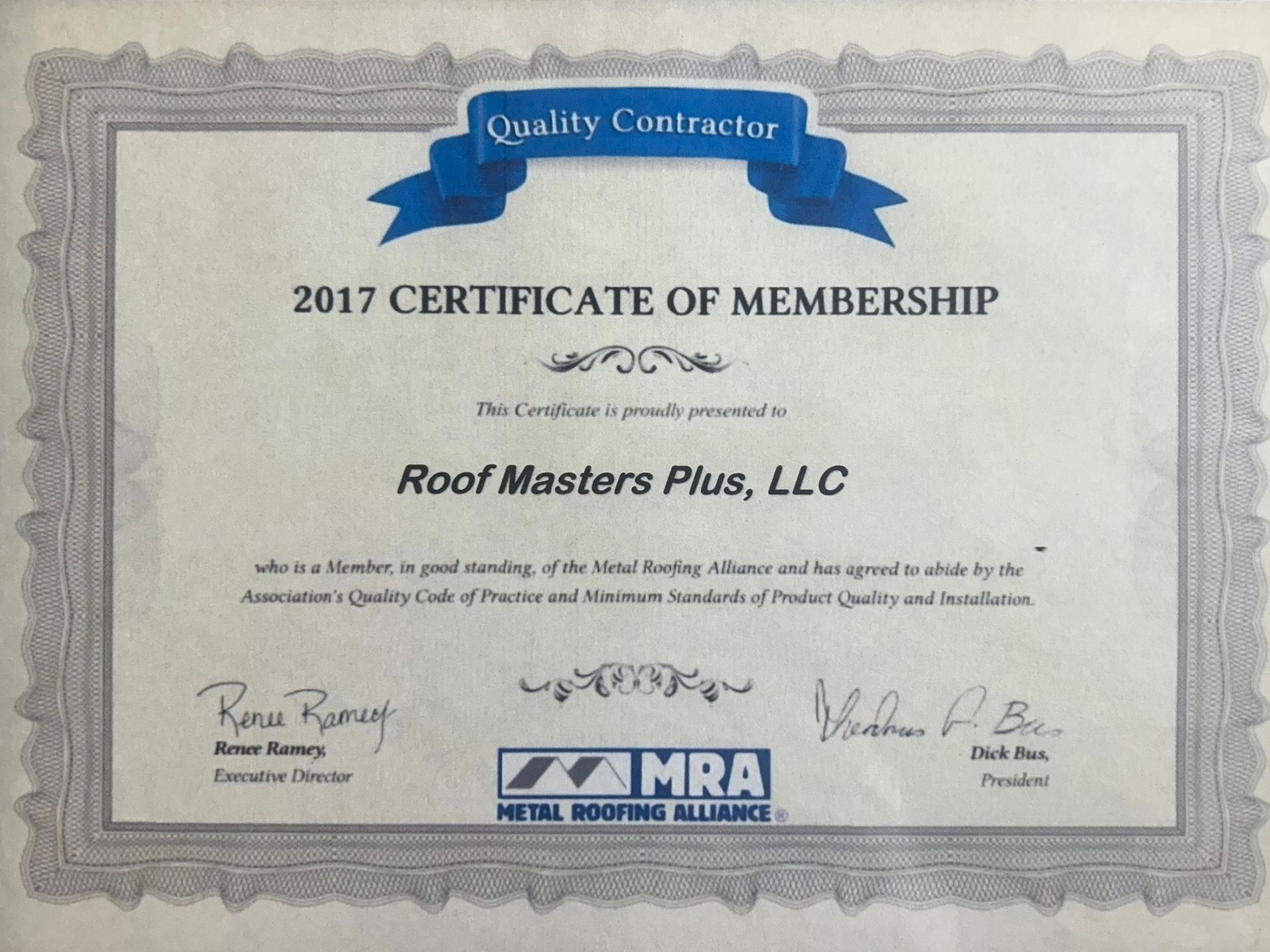 2017 certificate of membership for Roof Masters Plus, LLC with blue ribbon and MRA logo on a gray background
