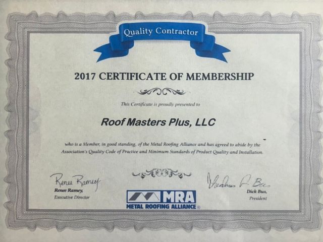 2017 certificate of membership for Roof Masters Plus, LLC with blue ribbon and MRA logo on a gray background