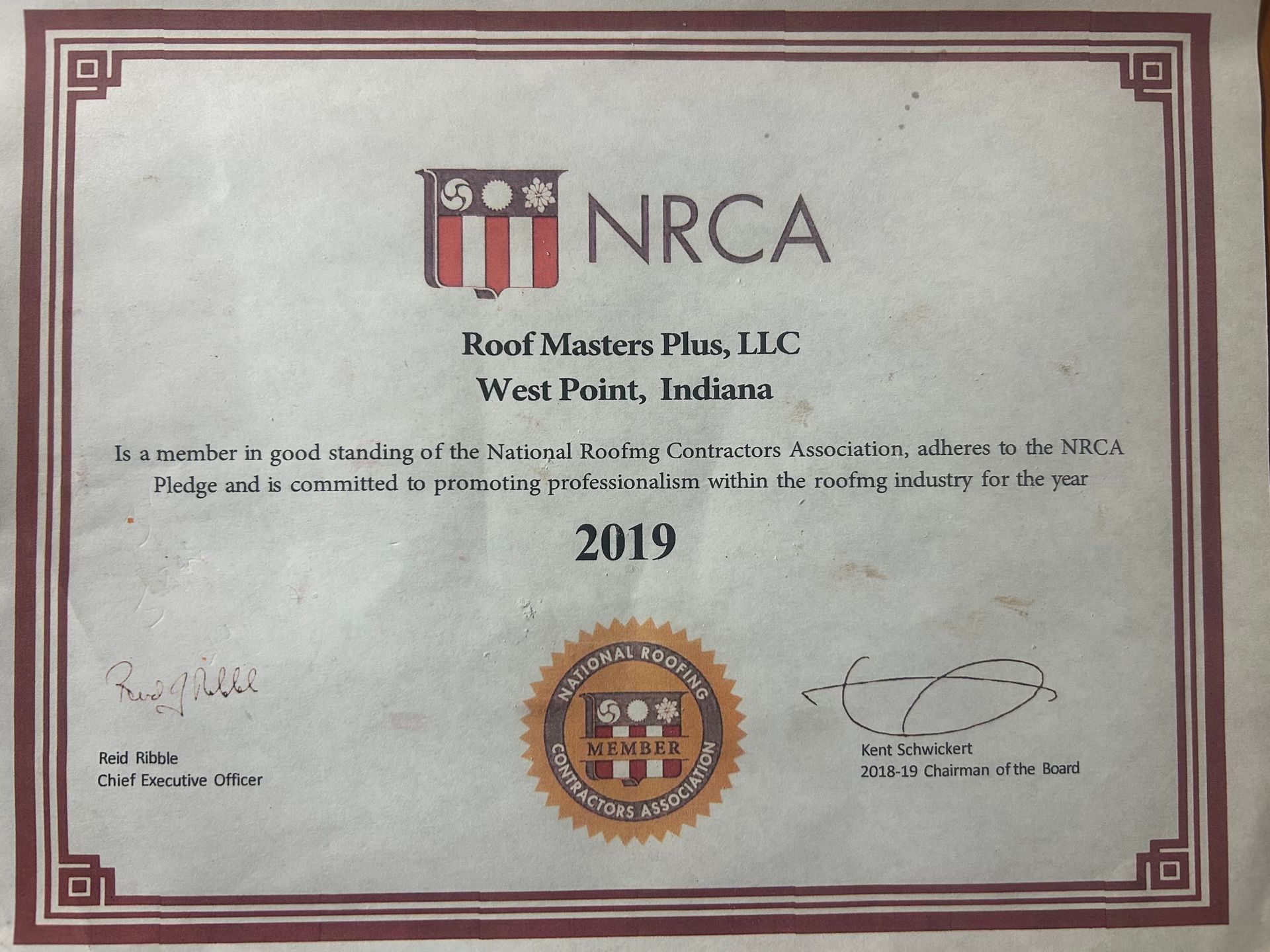 NRCA certificate for Roof Masters Plus, LLC, West Point, Indiana, dated 2019, with red border and seal