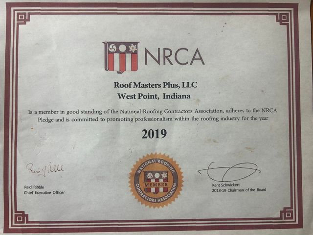NRCA certificate for Roof Masters Plus, LLC, West Point, Indiana, dated 2019, with red border and seal