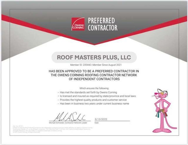 PINK-certified Preferred Contractor certificate for Roof Masters Plus, LLC, with Pink Panther logo and gray-red design
