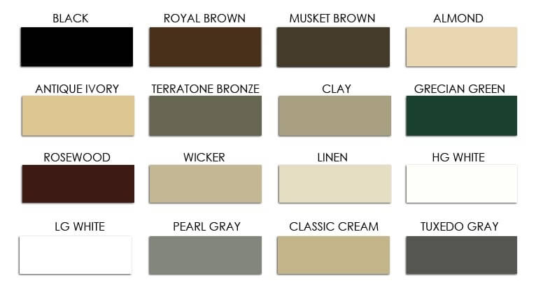 Color swatch chart with labeled paint samples in black, brown, beige, green, white, gray, and cream tones