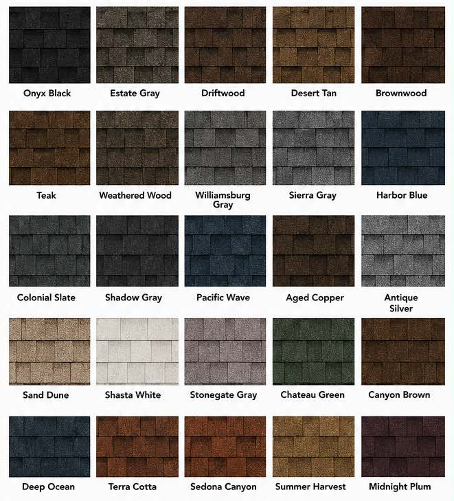 Grid of wood and stain sample swatches labeled with names like Gray Black, Desert Tan, and Midnight Plum
