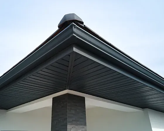 Close-up of a modern house roof corner with dark soffits and light siding against the sky