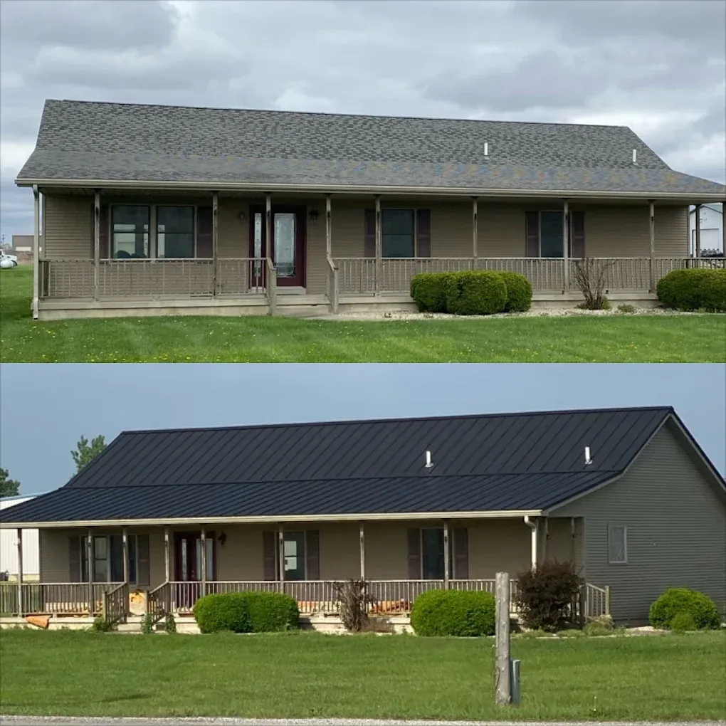 Two similar single-story homes shown before and after roof replacement, with gray shingles above and black metal below