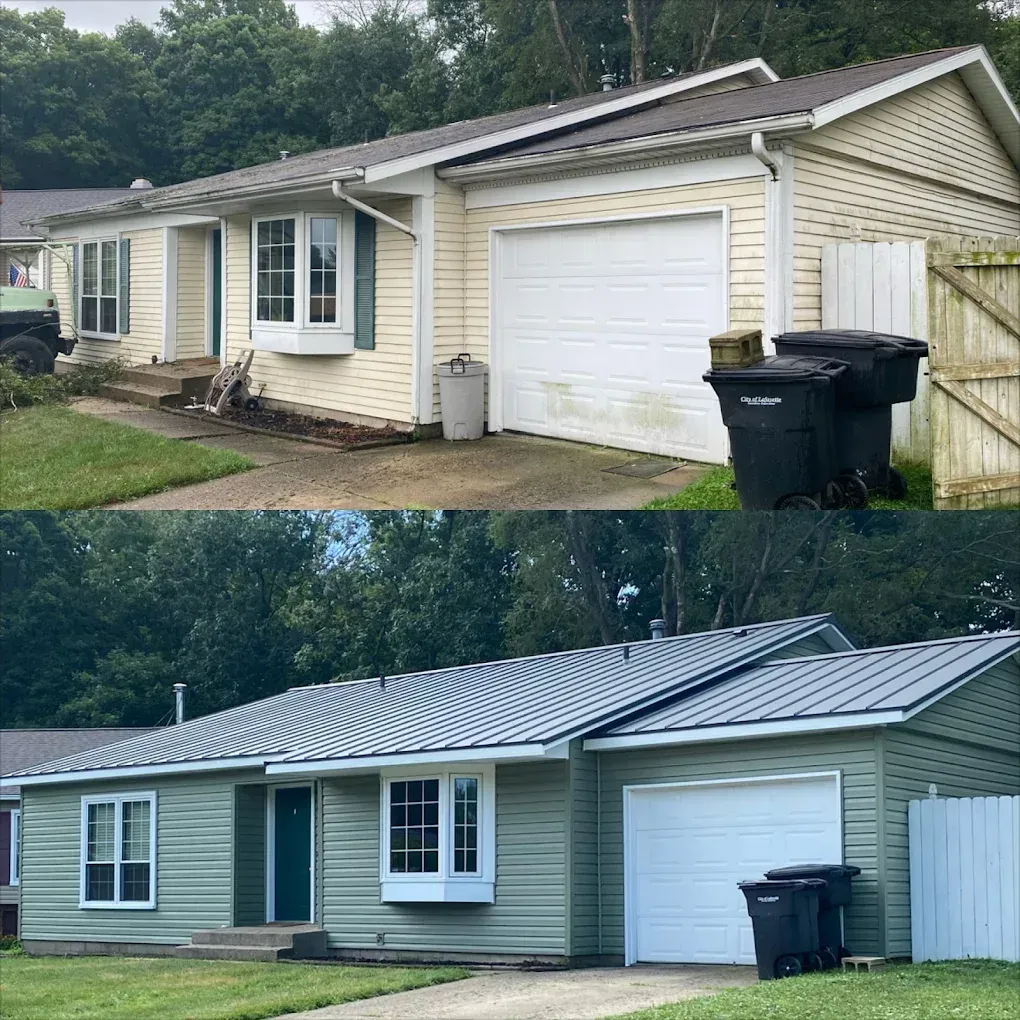 Before-and-after view of a house exterior renovation with new green siding and a metal roof.