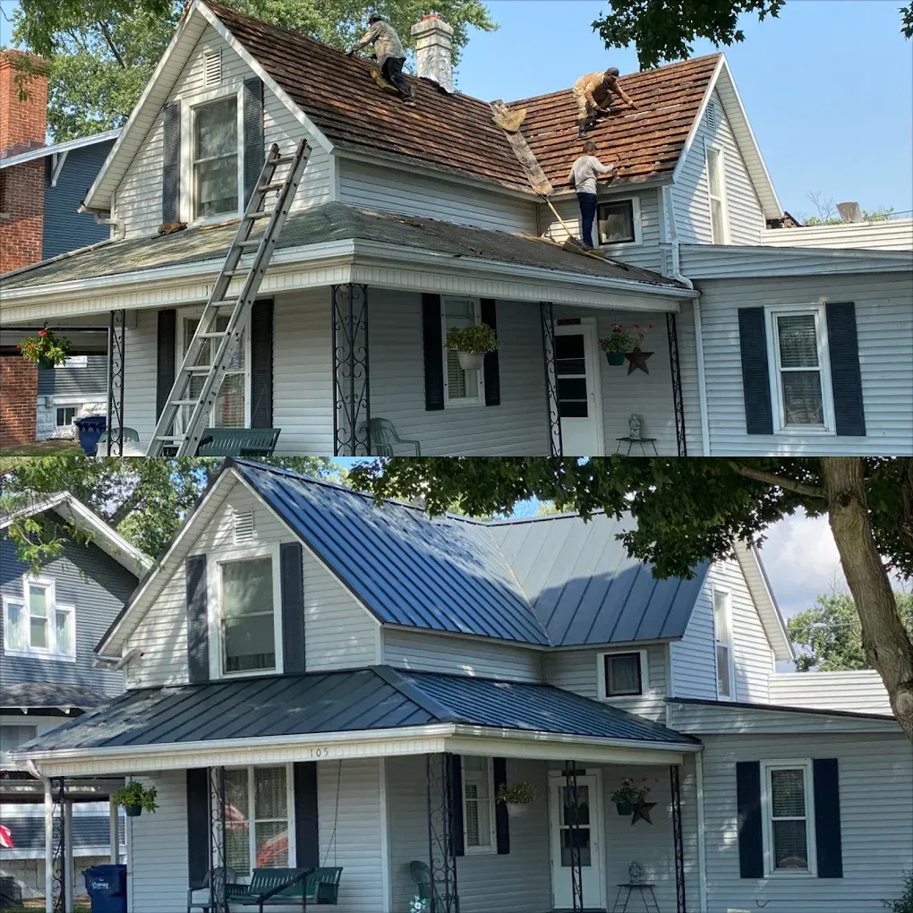 Before-and-after of a house roof: damaged shingles replaced with a blue metal roof.