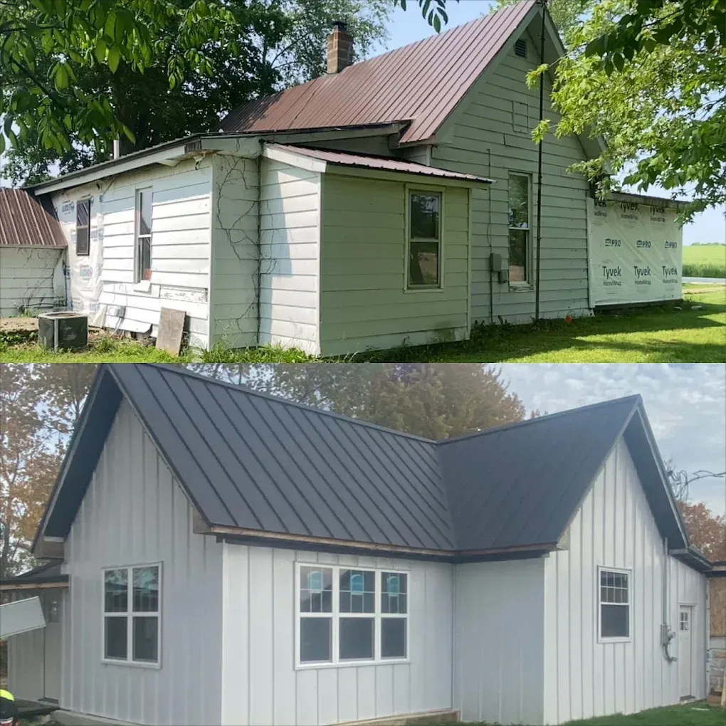 Before-and-after view of a small house exterior: weathered siding above, renovated white siding and black roof below.