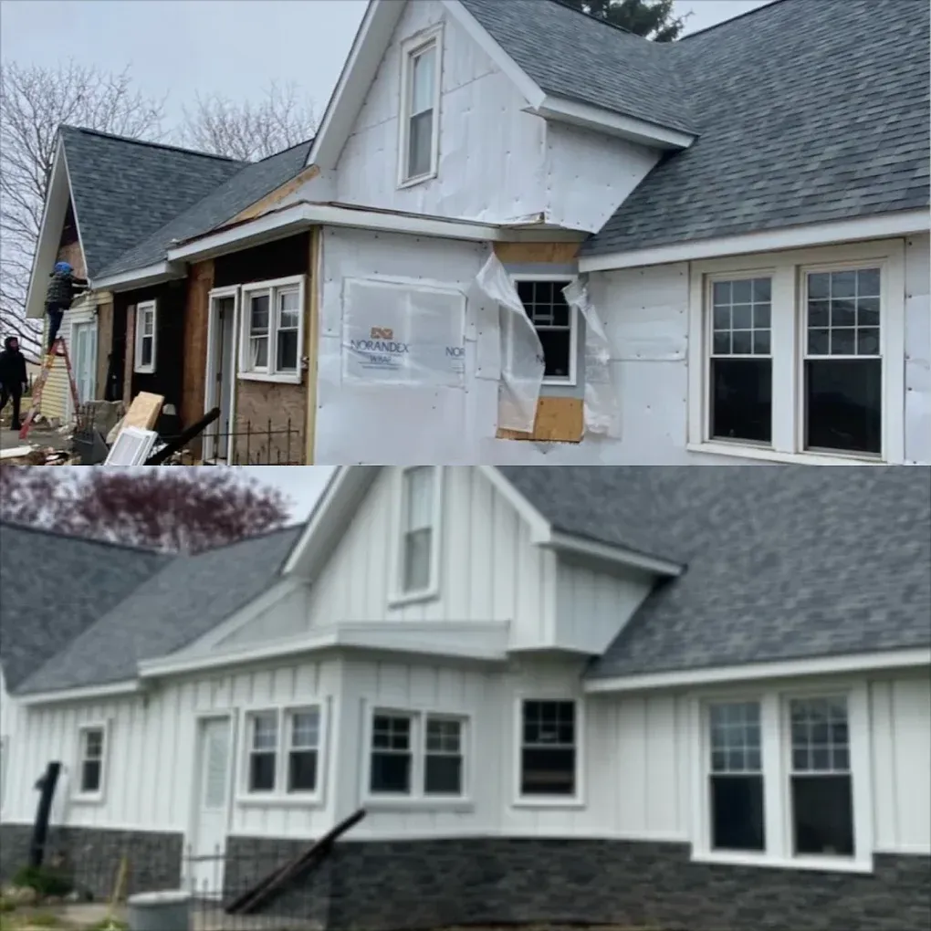 Split-view of a house exterior during renovation, showing before-and-after siding, roof, and window updates.