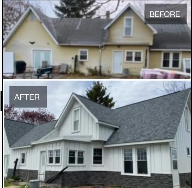 Before-and-after of a beige house exterior renovation, with a new white facade and gray roof in the after view