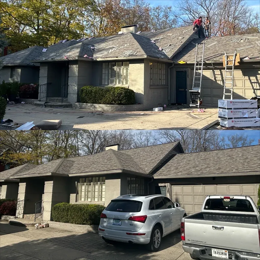 Before and after of a house roof being replaced, with workers on the roof and cars in the driveway.