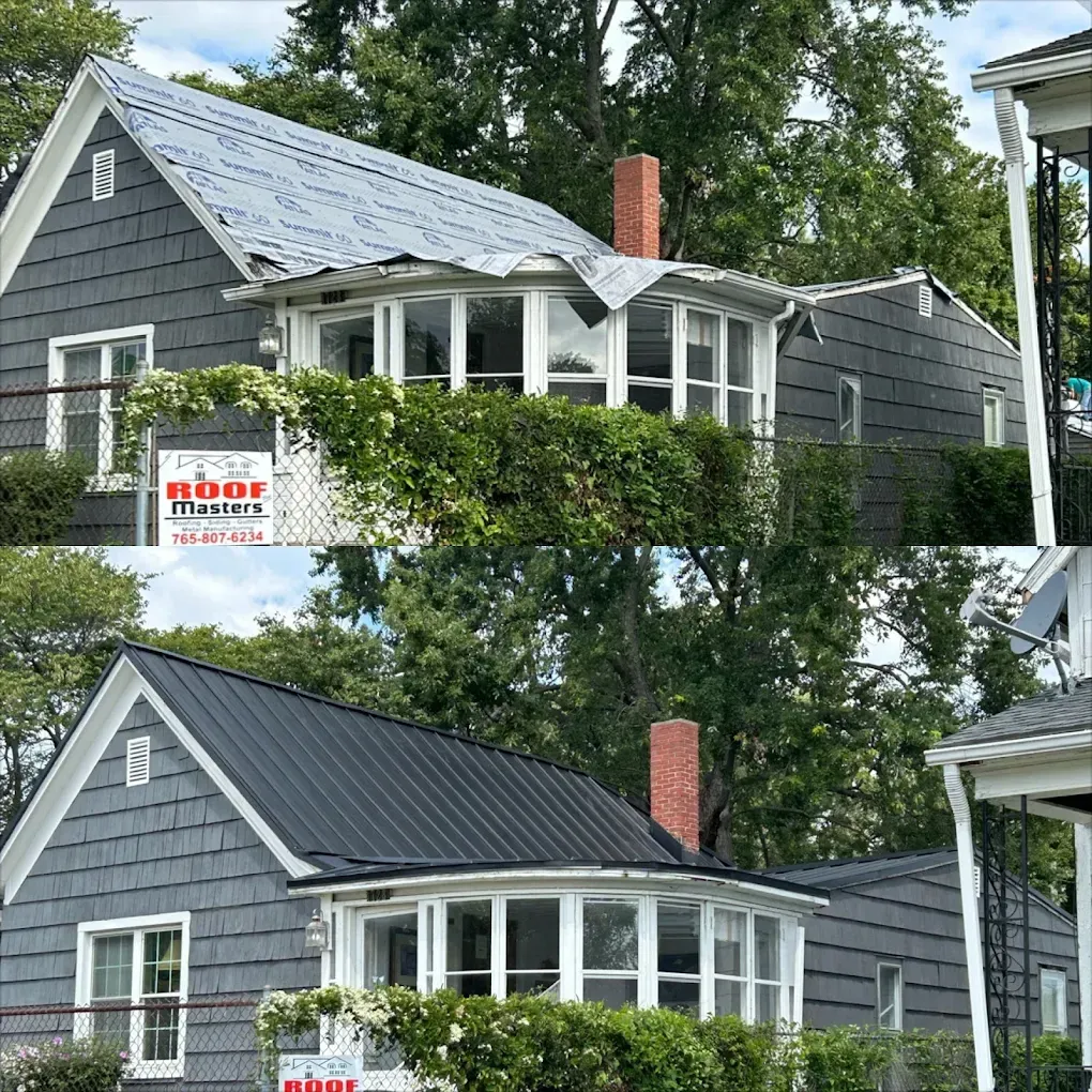 Before-and-after photo of a house roof replacement, with old gray shingles above and new black metal roof below