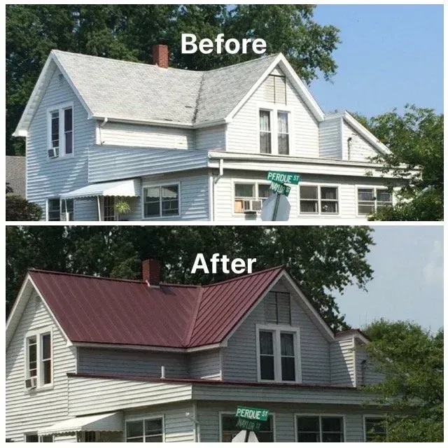 Before-and-after house exterior: white siding and gray roof changed to a red metal roof.