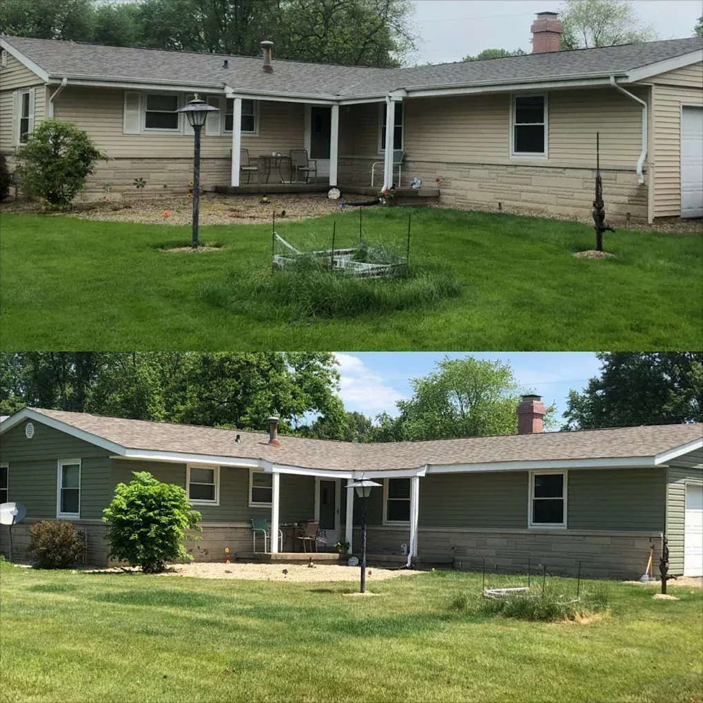 Before-and-after view of a beige single-story house with a porch and lawn makeover.
