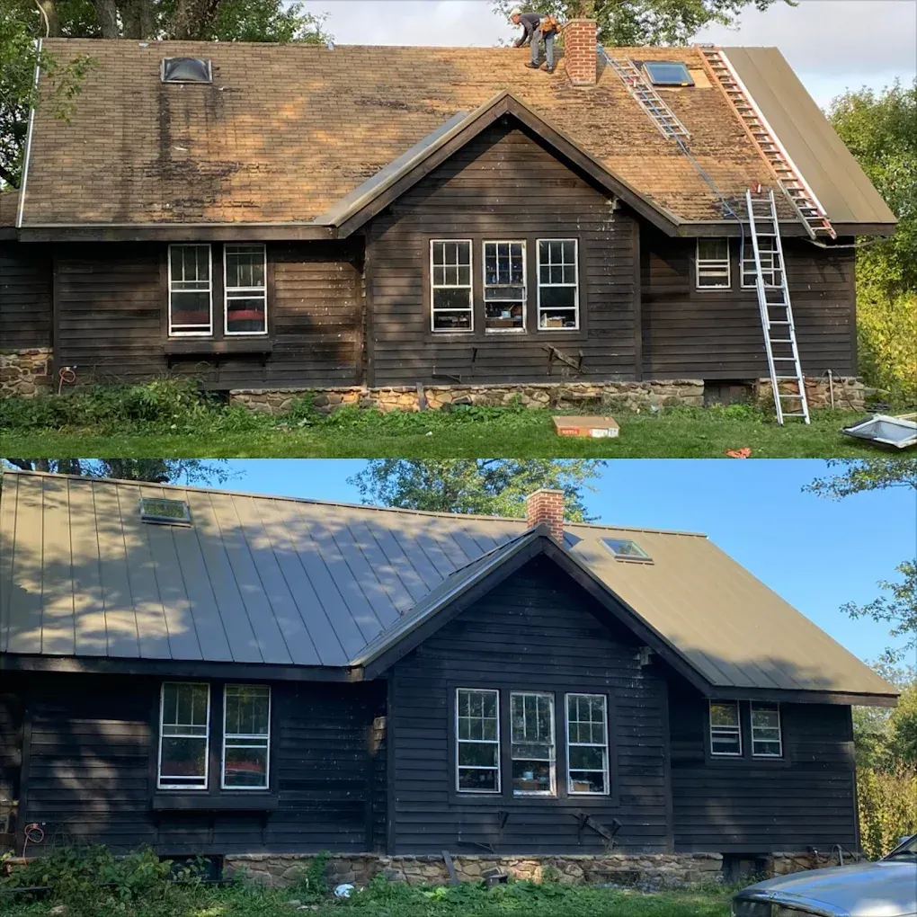 Before-and-after of a dark wood house roof replacement: old shingle roof above, new metal roof below.