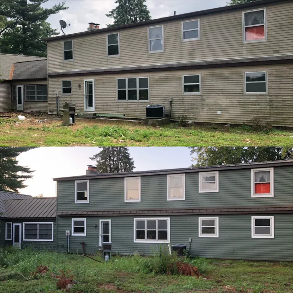 Two-story beige and green houses shown in a before-and-after exterior comparison.
