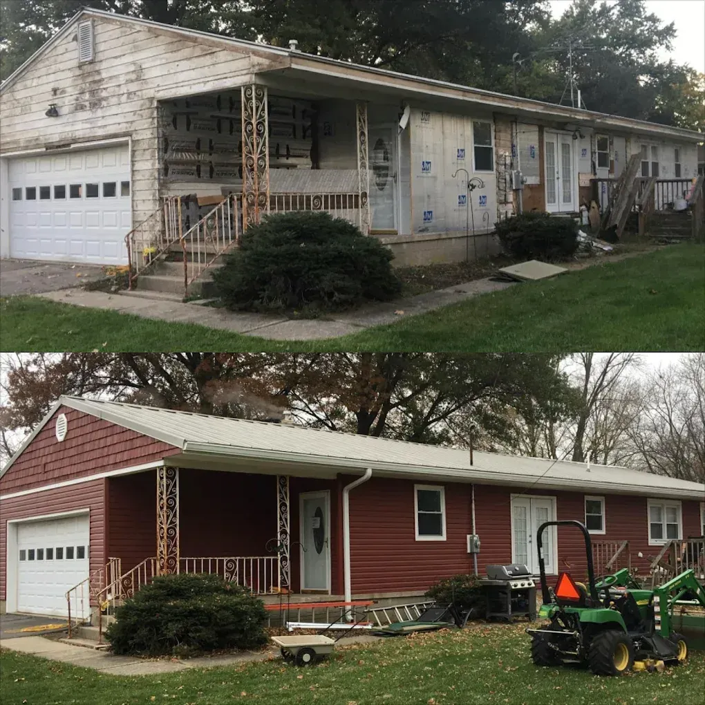 Before-and-after view of a house exterior, showing a worn beige facade above and a freshly painted red one below.