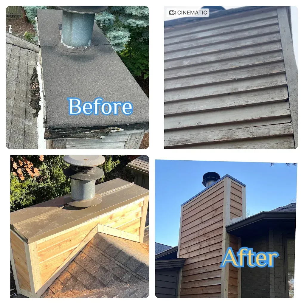 Before-and-after photos of a chimney chase repaired with new tan siding and a dark roof cap.