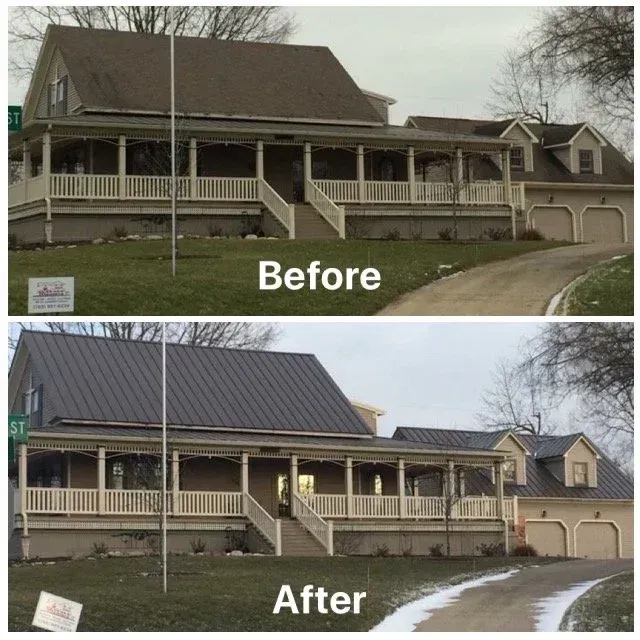 Before-and-after exterior of a house showing a new dark metal roof replacing the old brown roof.