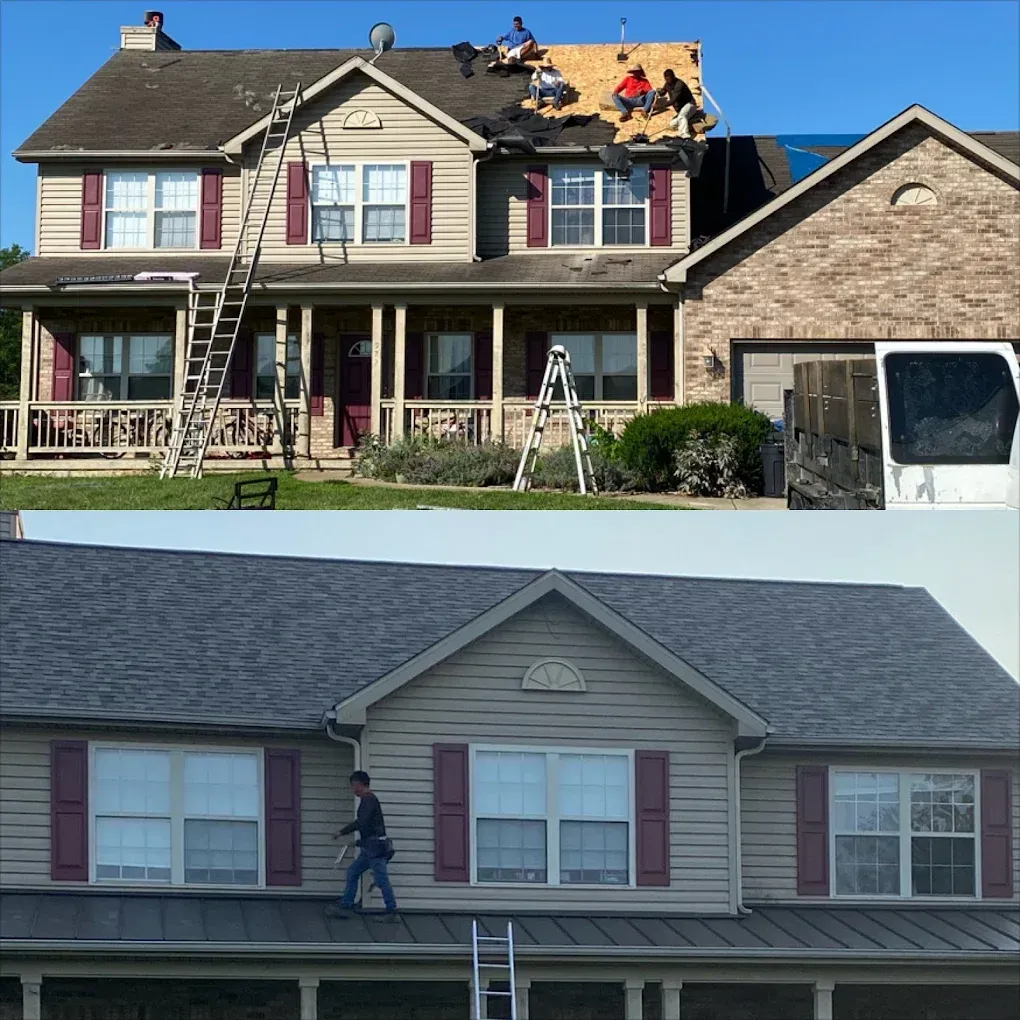 Workers repairing a two-story house roof, with shingles removed and a ladder in front.
