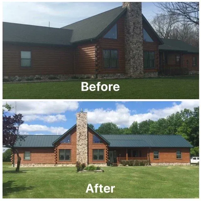 Before-and-after view of a house exterior with a larger green roof and stone chimney after renovation