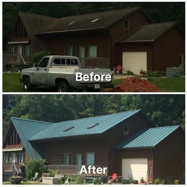 Before-and-after of a house: old brown roof with pickup truck, then blue metal roof on the same home.