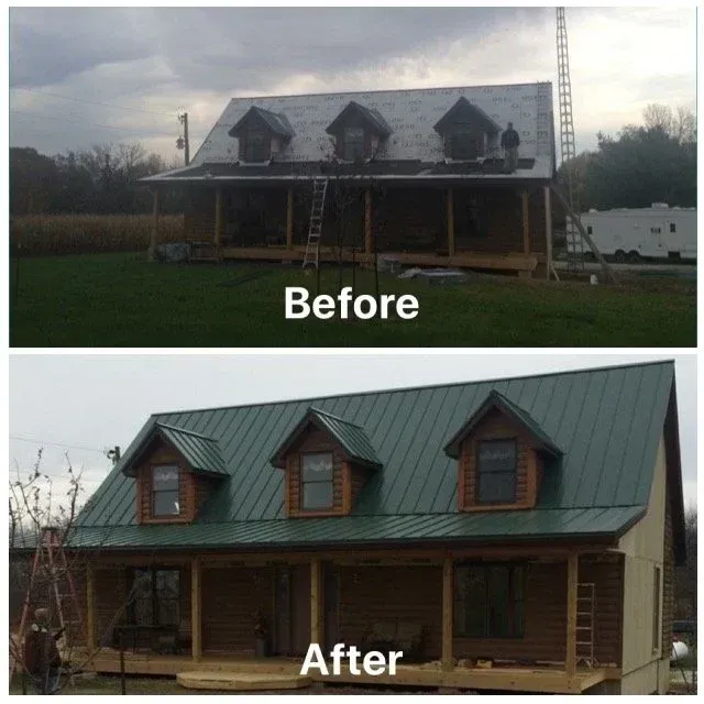 Before-and-after photo of a house renovation, showing a gray roof replaced with a green metal roof and dormer windows.