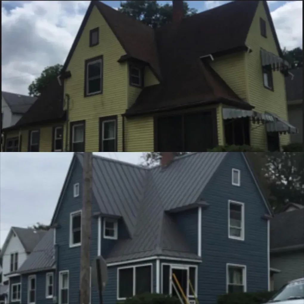 Two houses: yellow with a dark roof above, blue-gray house with a metal roof below.