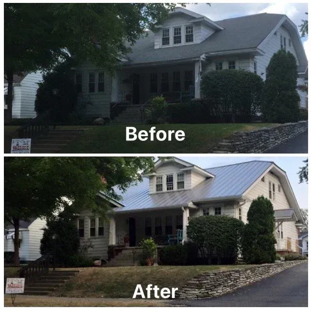 Before-and-after view of a house exterior with a new light metal roof and improved landscaping.