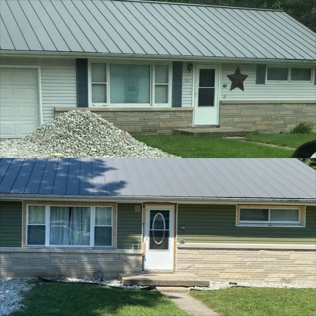 Two exterior views of a house with light siding, a metal roof, and a large rock pile by the front wall.