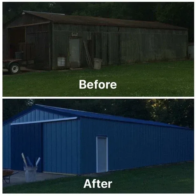 Before-and-after of a shed repainted from dark green to bright blue.