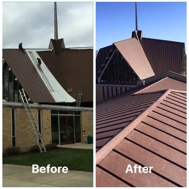 Split before-and-after of a roof repair: damaged brown metal roof on left, new matching roof on right.