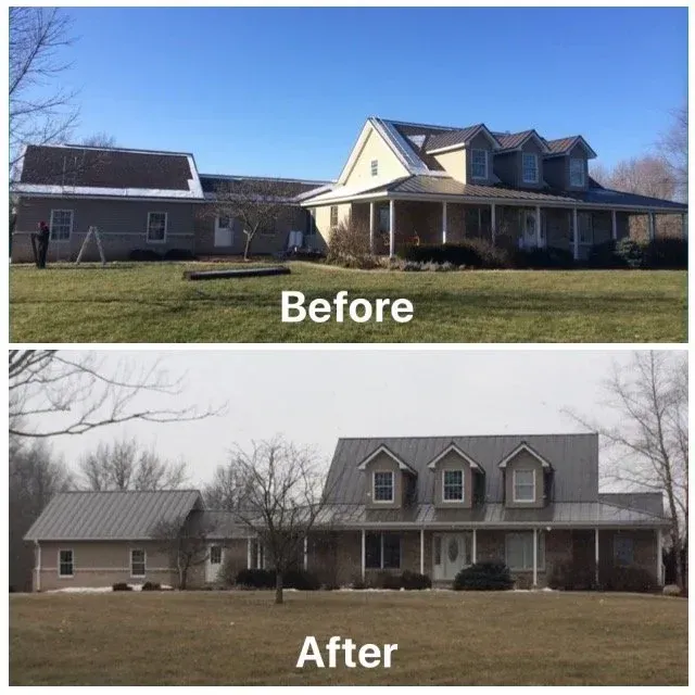 Before-and-after view of a farmhouse remodel, showing a smaller left wing and a larger gray house with porch.