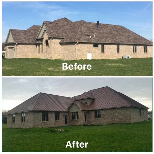 Before-and-after view of a brick house with a remodeled roof and entryway, labeled “Before” and “After”
