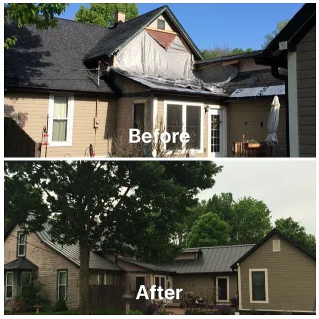 Before-and-after house exterior: damaged roof repaired, with overgrown trees in the after scene.