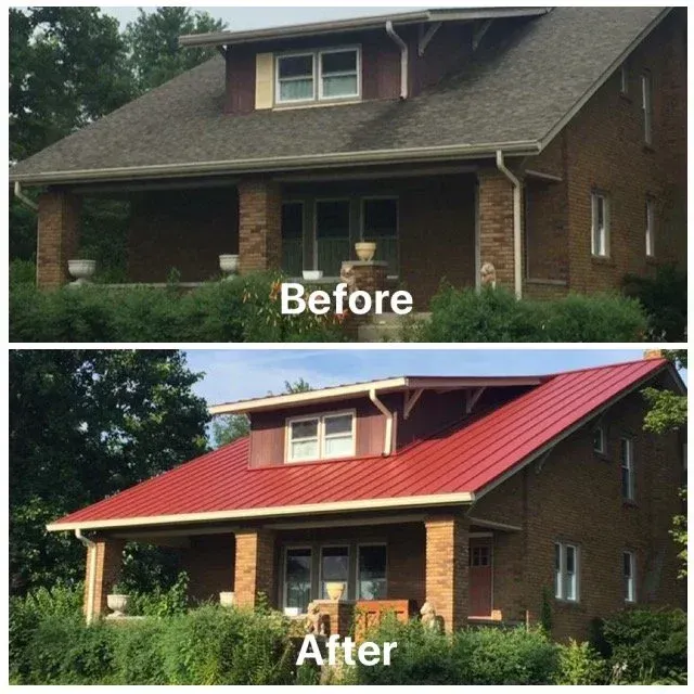 Before-and-after of a brick house roof changed from dark brown shingles to red metal roofing.