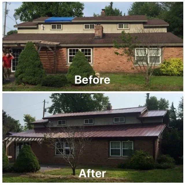 Before-and-after photo of a house exterior with new dark siding and roof.
