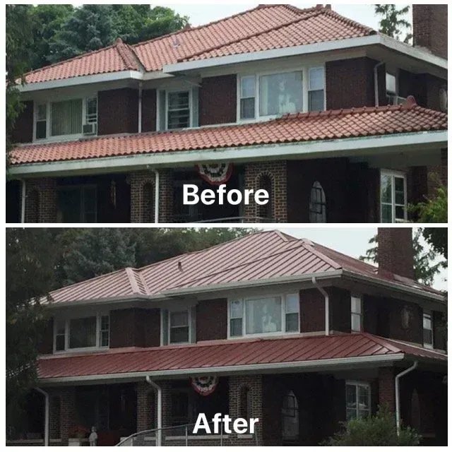 Before and after photos of a two-story house with a red tile roof and repainting changes.