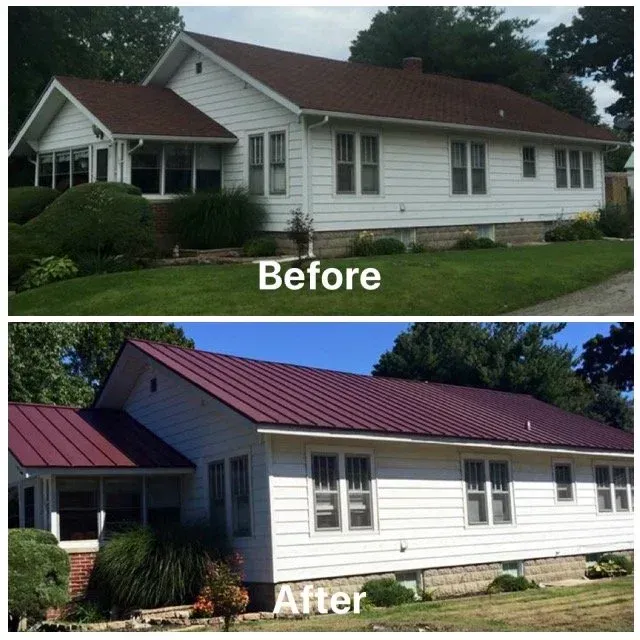 Before-and-after of a house exterior: old roof replaced with a red metal roof and fresh white siding.